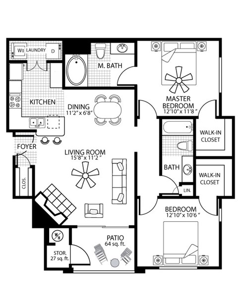 Floor plan for 2 beds, 2 baths, 1060 sqft
